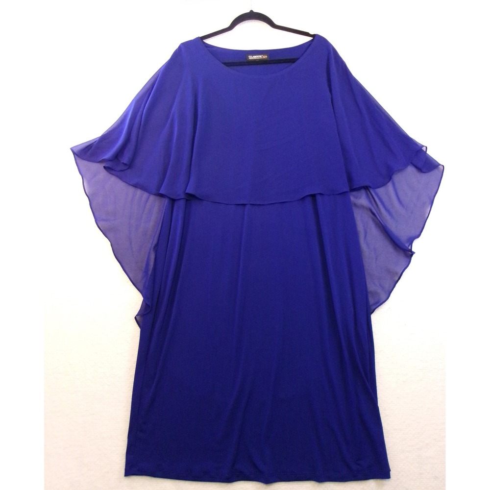 Glamour Nights Royal Blue Cape Sleeve Sheath Dress 16W Chiffon Overlay Cocktail